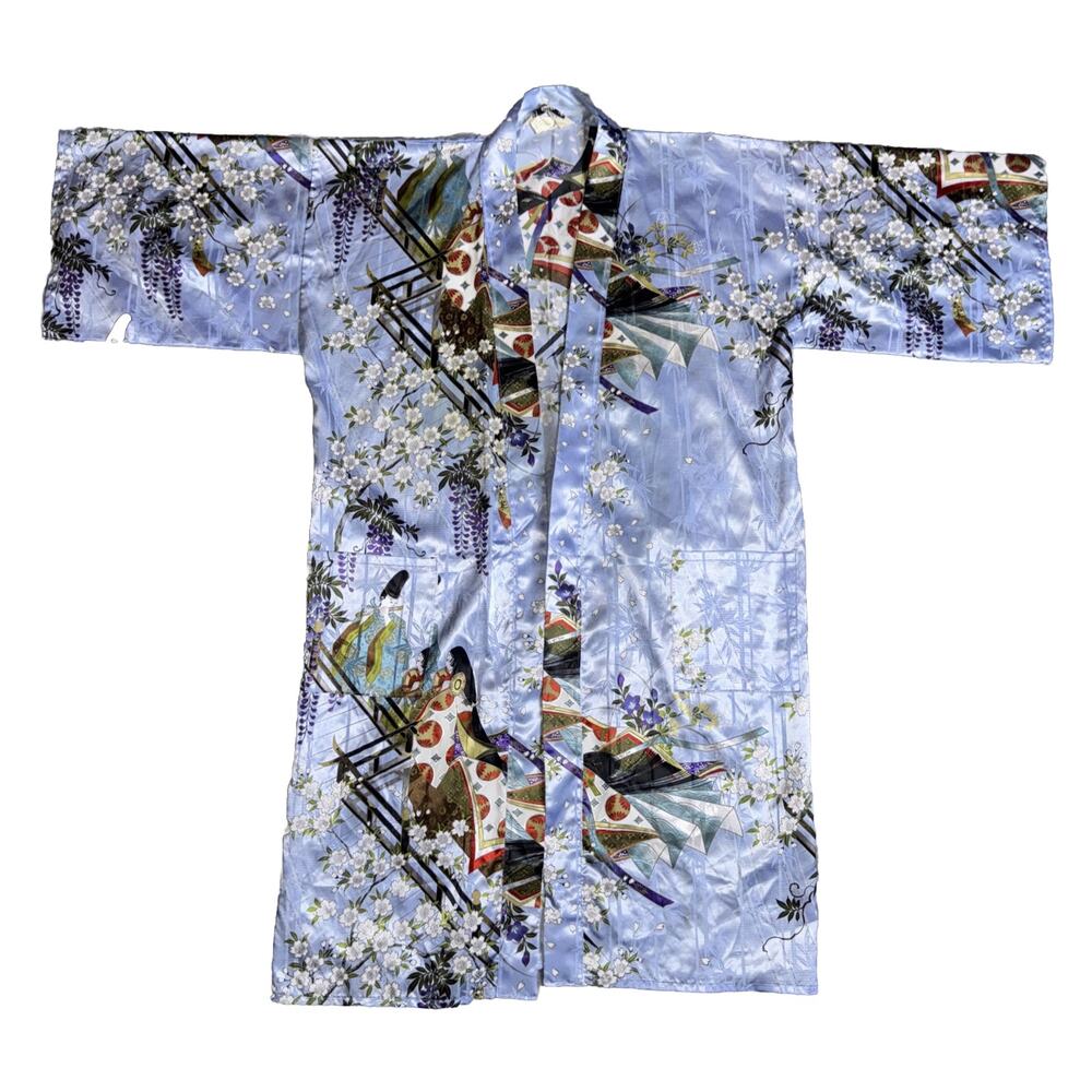 Mitsukoshi Vintage Japanese Floral Kimono Robe Light Blue Tie Front OS